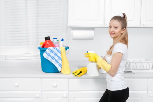 Cleaner preparing safety equipment during a professional Kentishtown cleaning visit